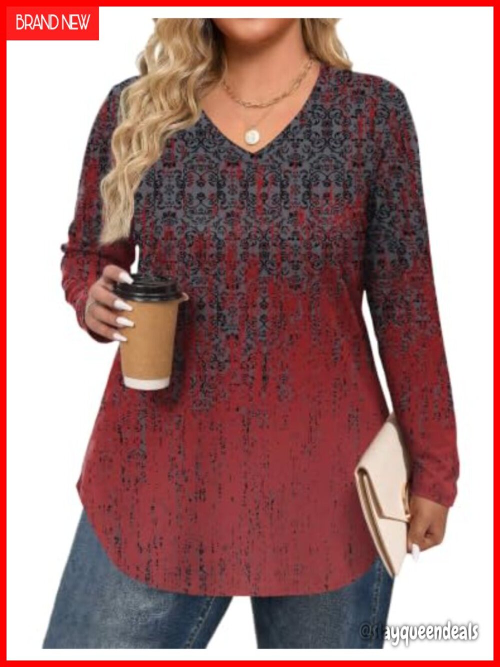 Women's Plus Size V-Neck Long Sleeve Tunic Top Polyester Spandex Casual Blouse